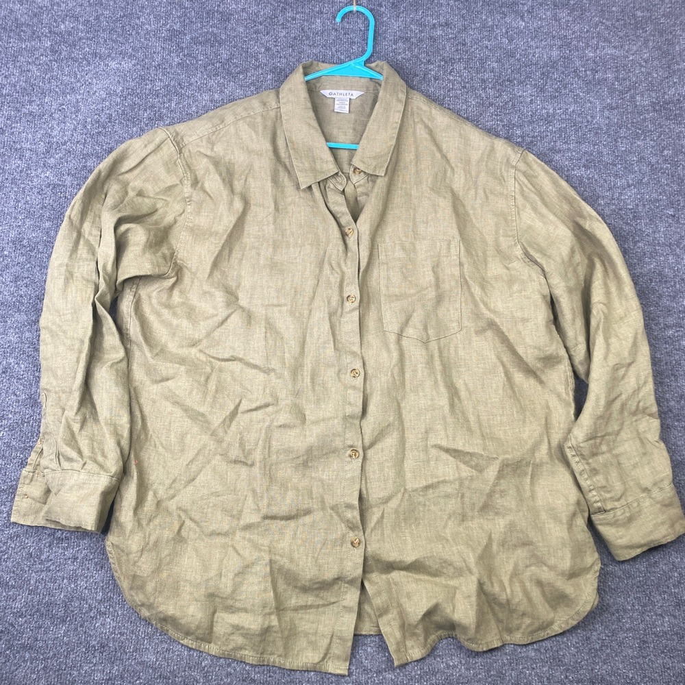 Athleta Womens XL Olive Green 100% Linen Button Down Shirt 850931-09 Long Sleeve